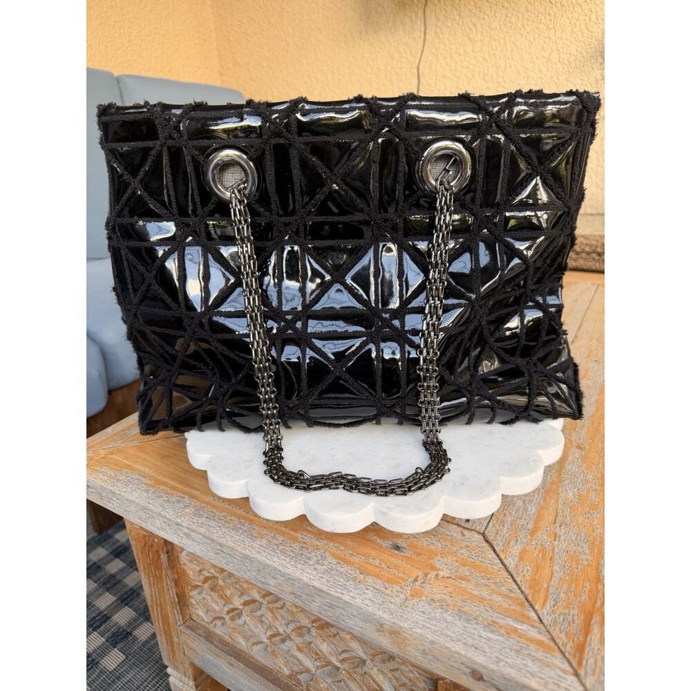 Big Buddha Santa Barbara Quilted Black Patent Tote Bag Gunmetal Chain